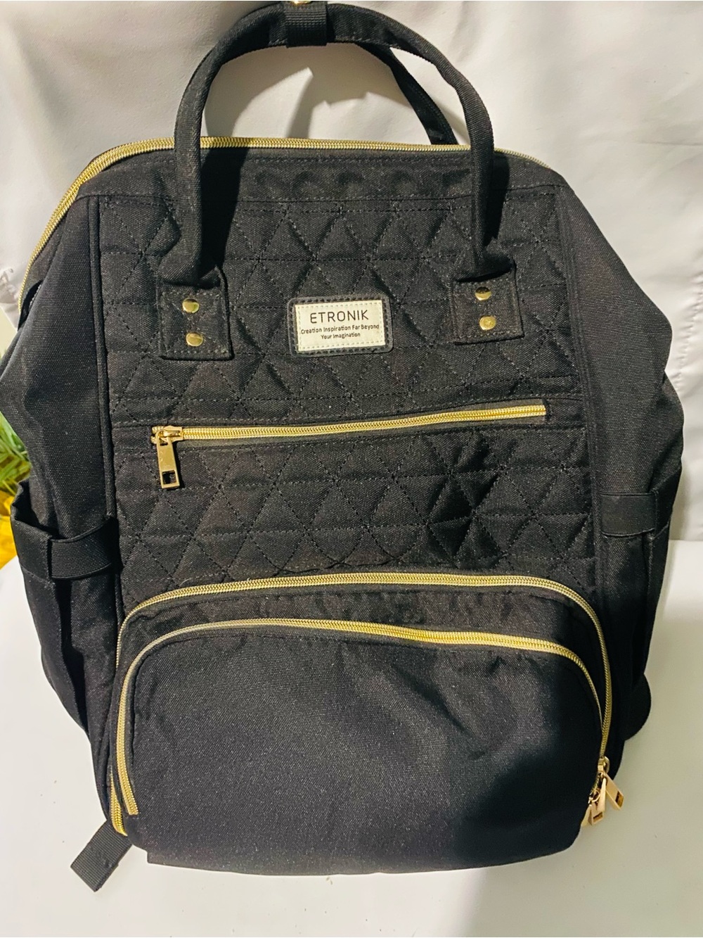 NWOT Black Quilted USB Backpack with Gold Zippers